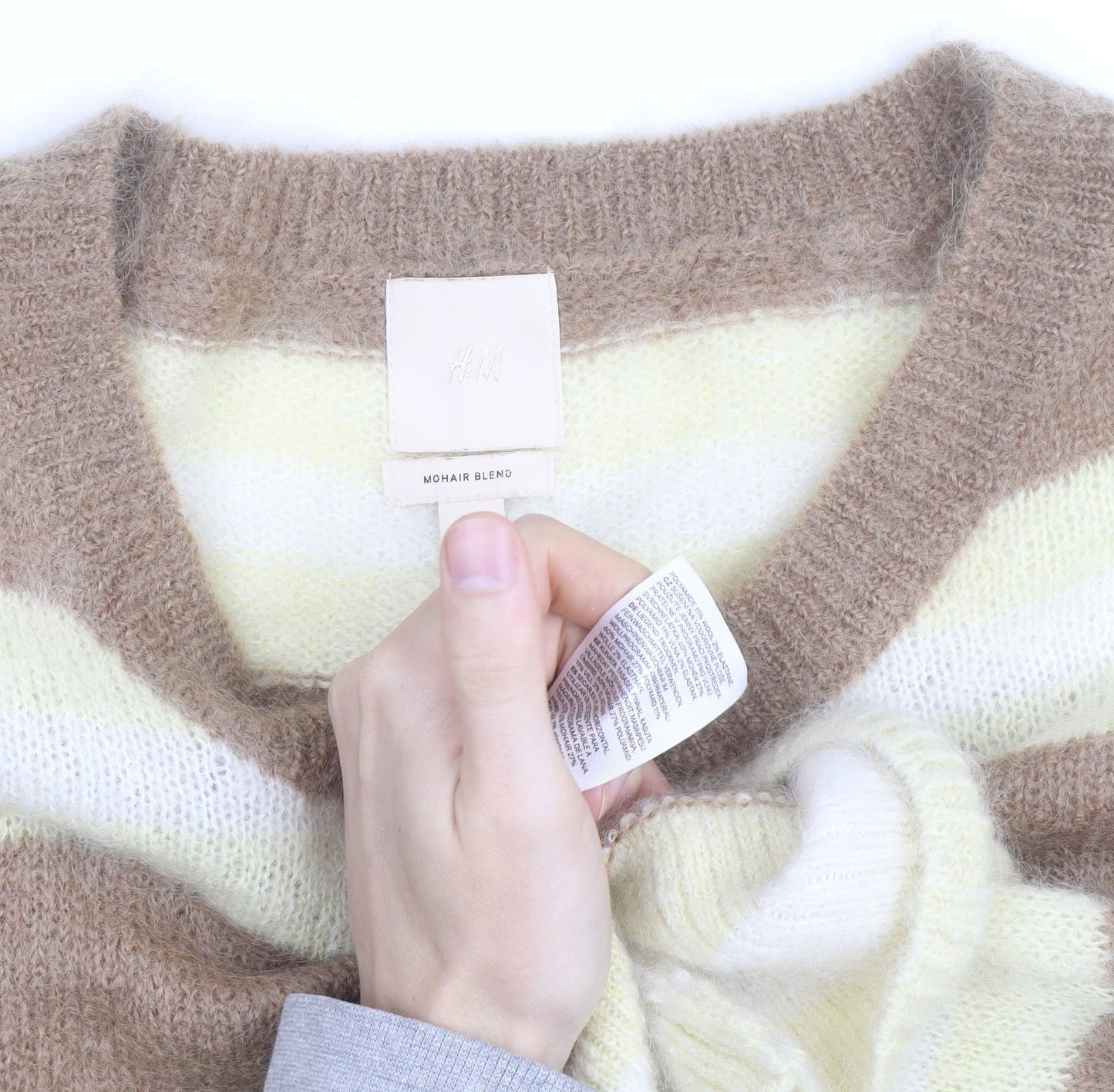 H&M Women Beige Stripe Mohair Blend Relaxed Fit Jumper L