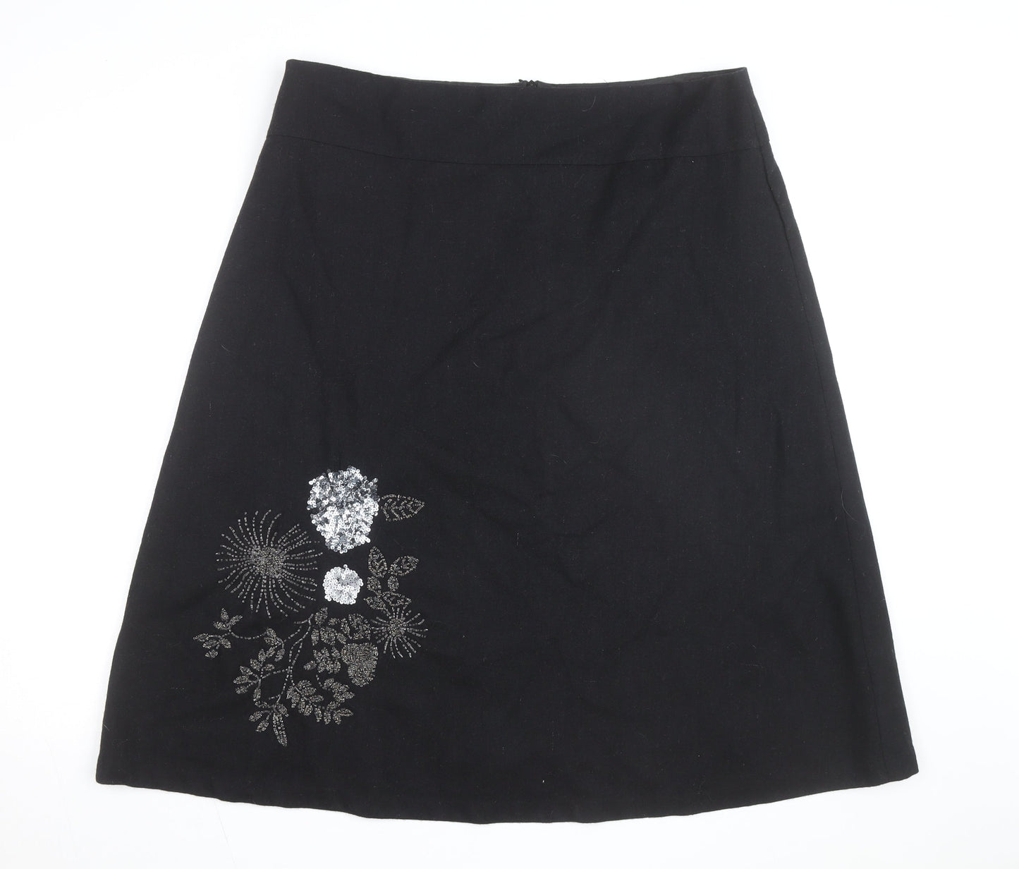 Wallis Women’s Black Embroidered Wool A-Line Knee Length Skirt Size 18