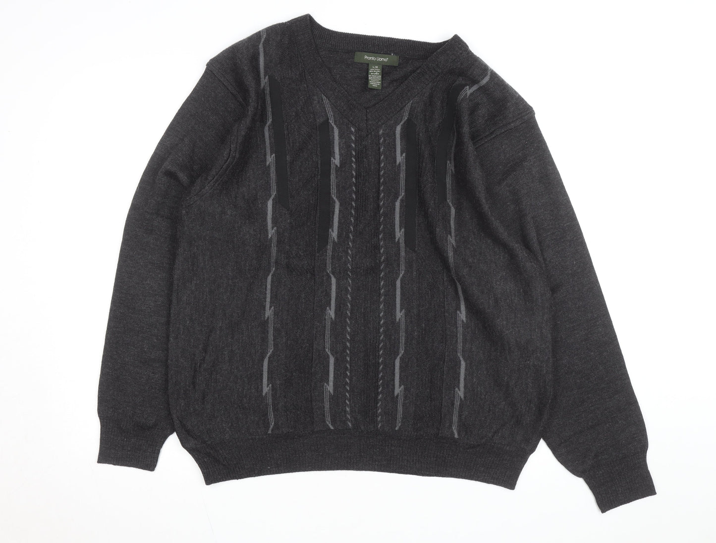 Pronto Uomo Men's Grey V-Neck Geometric Knit Wool Blend Jumper L