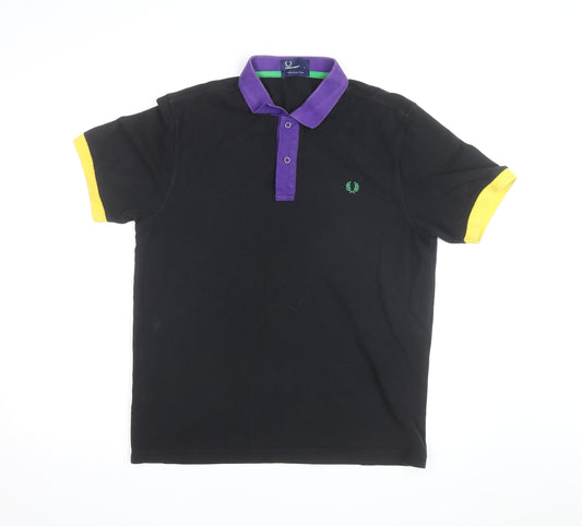 Fred Perry Men's Black Polo Shirt L - Contrast Purple Collar & Yellow Cuffs