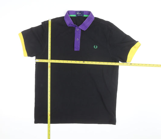 Fred Perry Men's Black Polo Shirt L - Contrast Purple Collar & Yellow Cuffs
