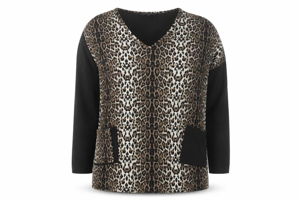 QED London Women's Brown Leopard Print V-Neck Pullover Jumper M/L