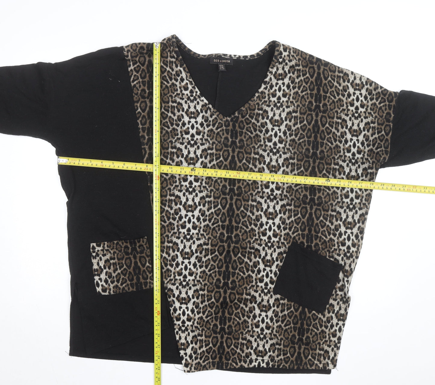 QED London Women's Brown Leopard Print V-Neck Pullover Jumper M/L