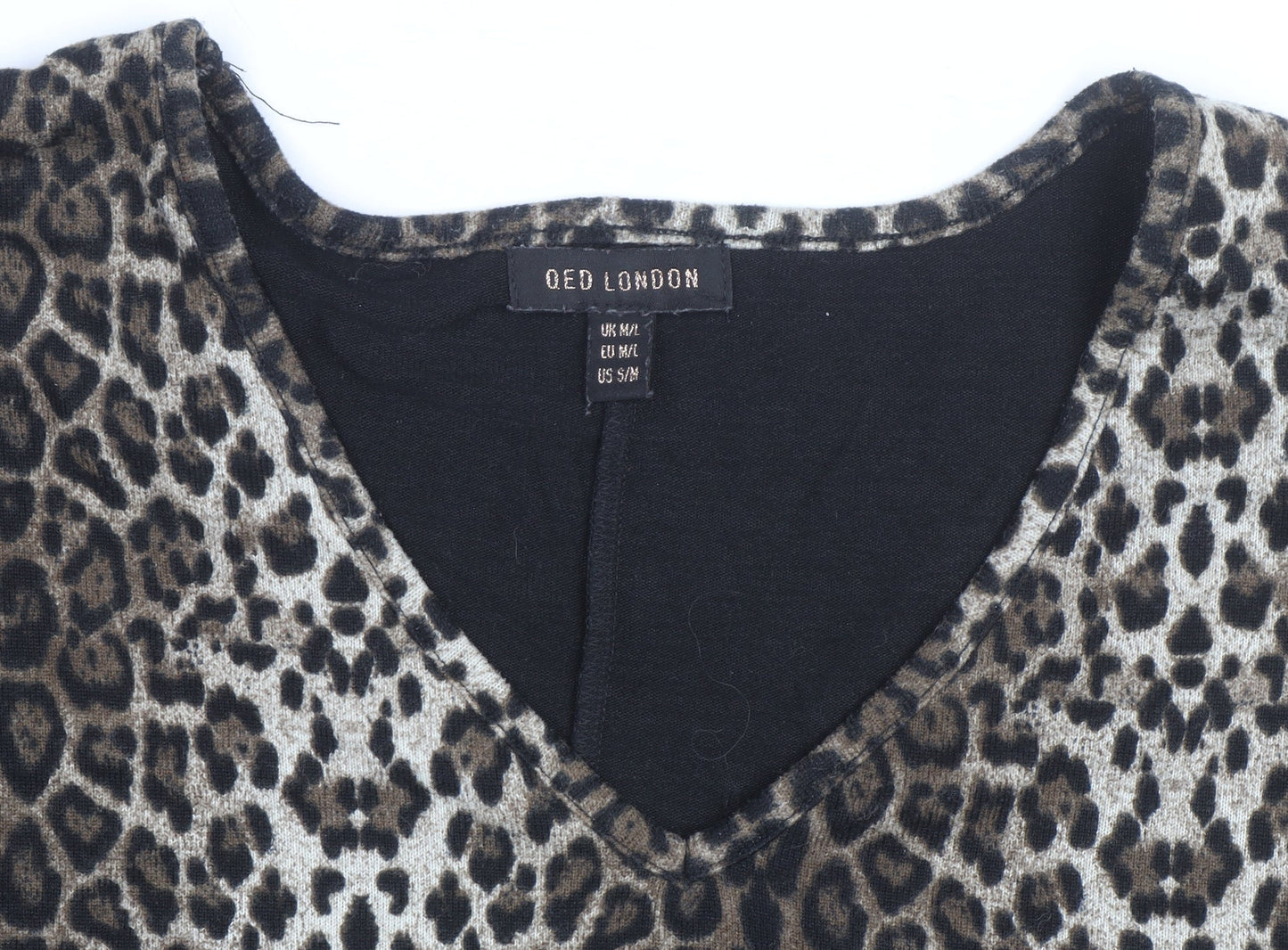 QED London Women's Brown Leopard Print V-Neck Pullover Jumper M/L