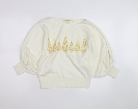 Vivanti Women Ivory Beaded Pullover Jumper Size 8 Relaxed 3/4 Sleeve