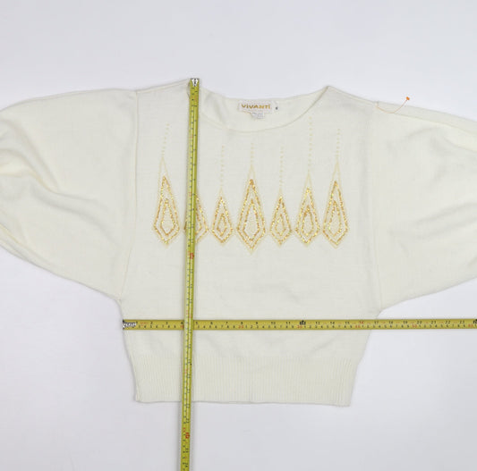 Vivanti Women Ivory Beaded Pullover Jumper Size 8 Relaxed 3/4 Sleeve