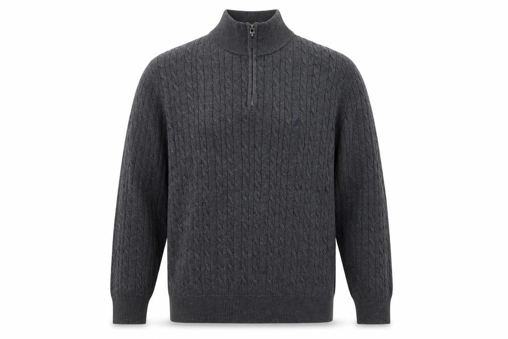 Nautica Men's Grey Cable-Knit Cotton Half Zip Jumper L
