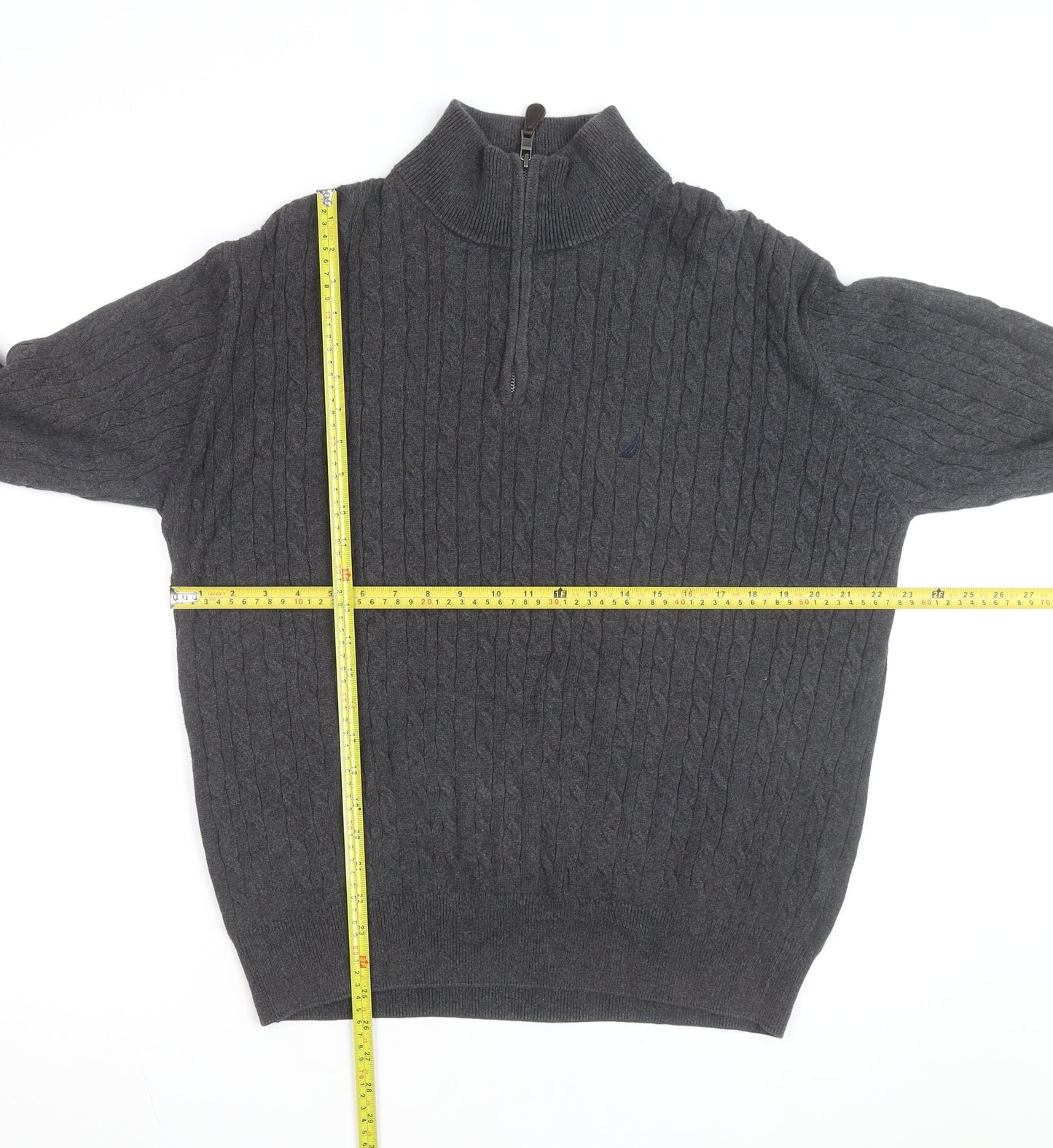 Nautica Men's Grey Cable-Knit Cotton Half Zip Jumper L