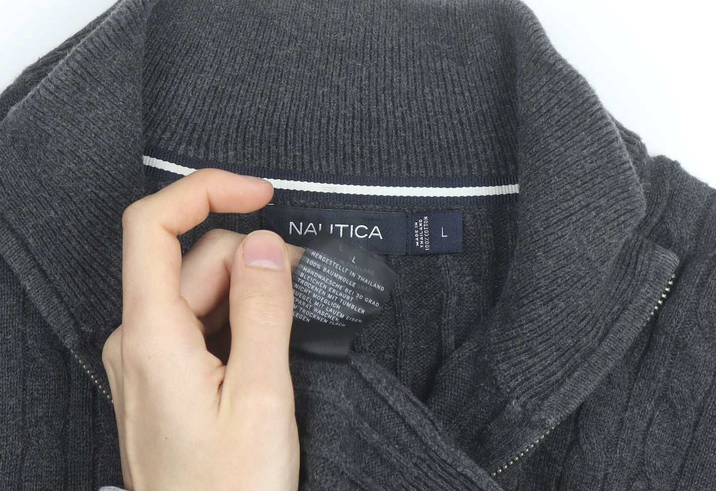 Nautica Men's Grey Cable-Knit Cotton Half Zip Jumper L