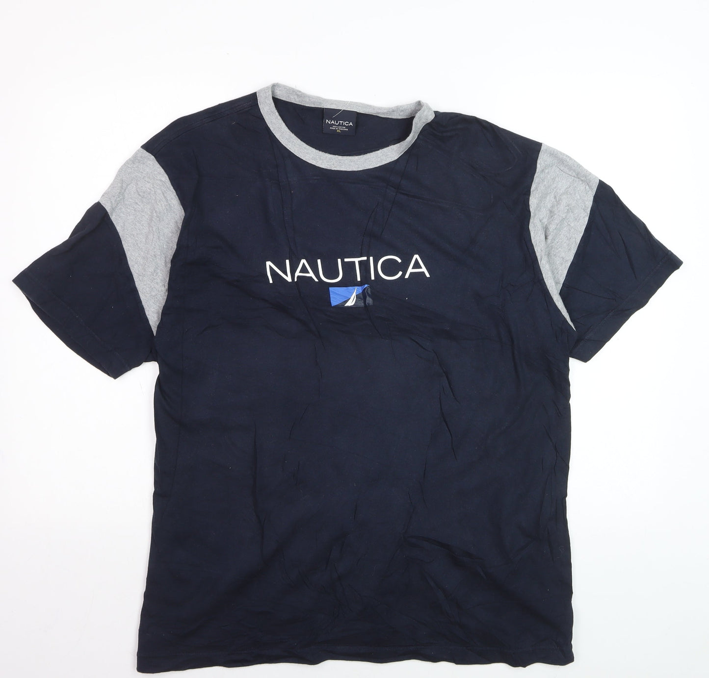 Nautica Men's Blue Grey Colourblock Crew Neck Cotton T-Shirt XL