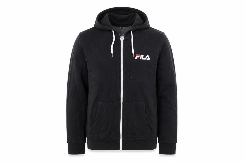 Front view of Fila Men’s Black Full Zip Hoodie, size M, Sports Casual Sweatshirt