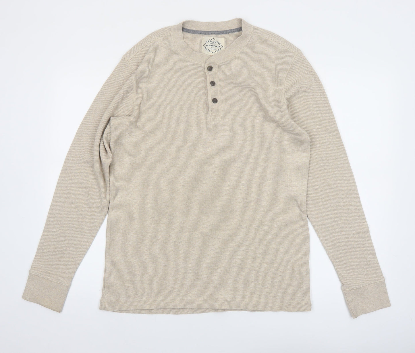 St John's Bay Men's Beige Henley Long Sleeve Cotton Top Size M