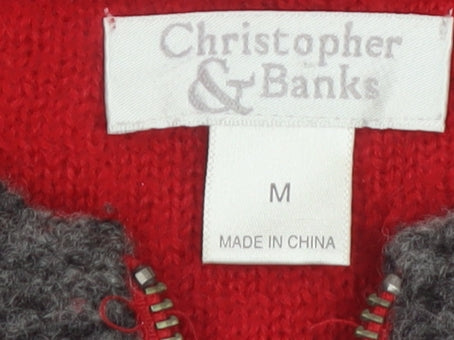 Christopher & Banks Women's Red Wool Blend Floral Zip Cardigan M
