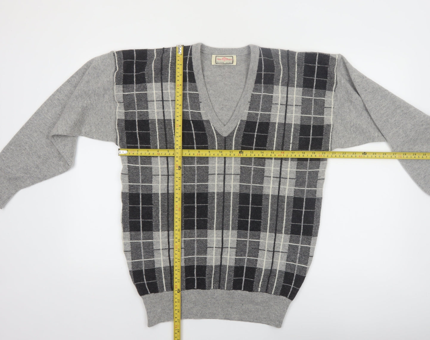 Alan Paine Men Grey Wool Check V-Neck Pullover Jumper M