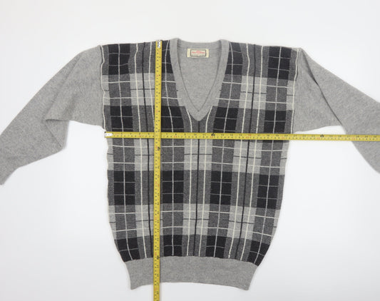 Alan Paine Men Grey Wool Check V-Neck Pullover Jumper M