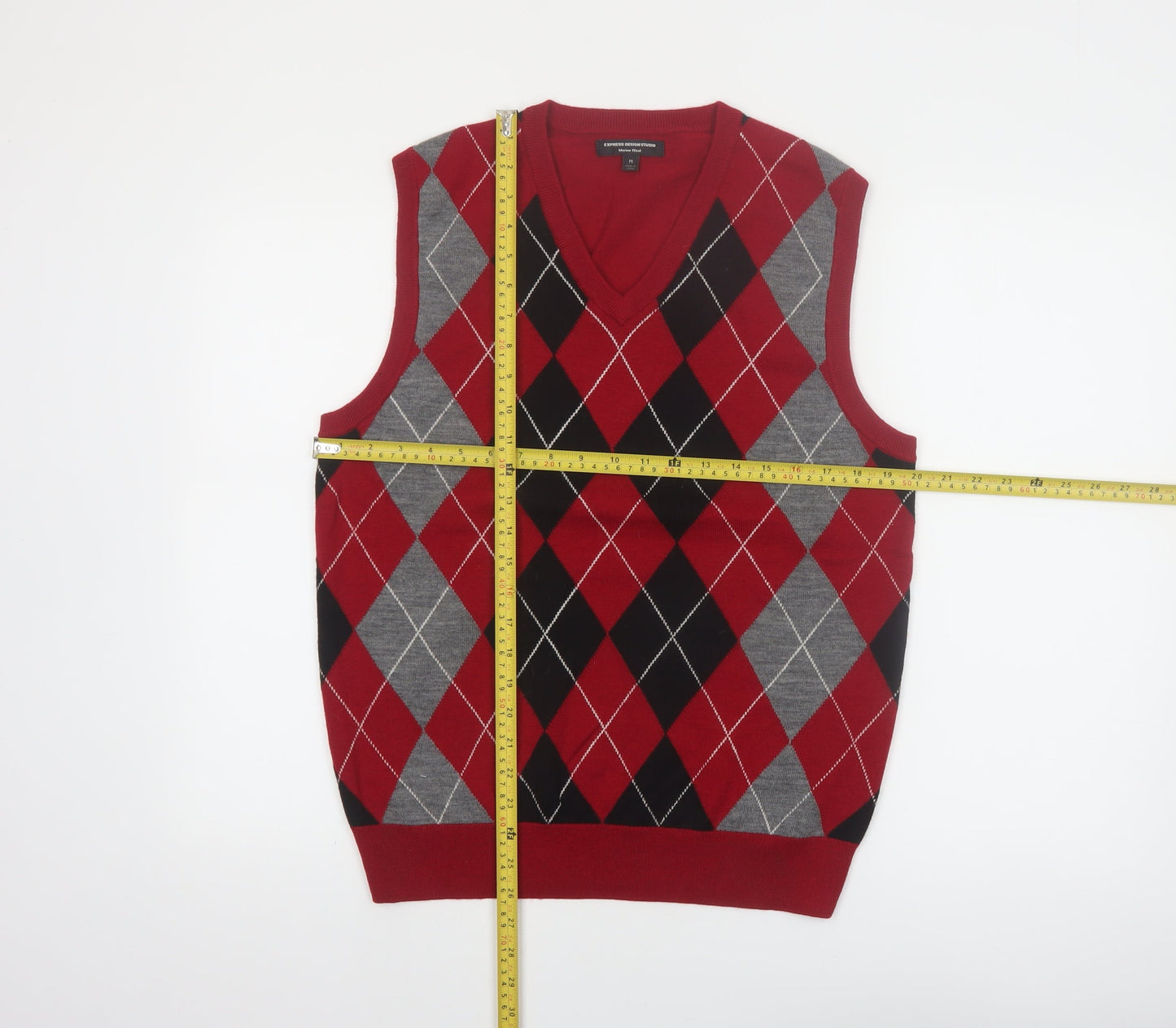 Express Design Studio Men's Red Argyle Wool V-Neck Vest M