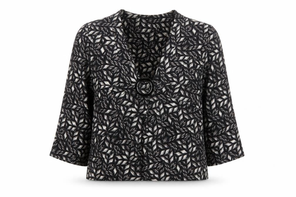Country Casuals Petite Women's Black Geometric Tunic Blouse Size 8 with Buckle Detail