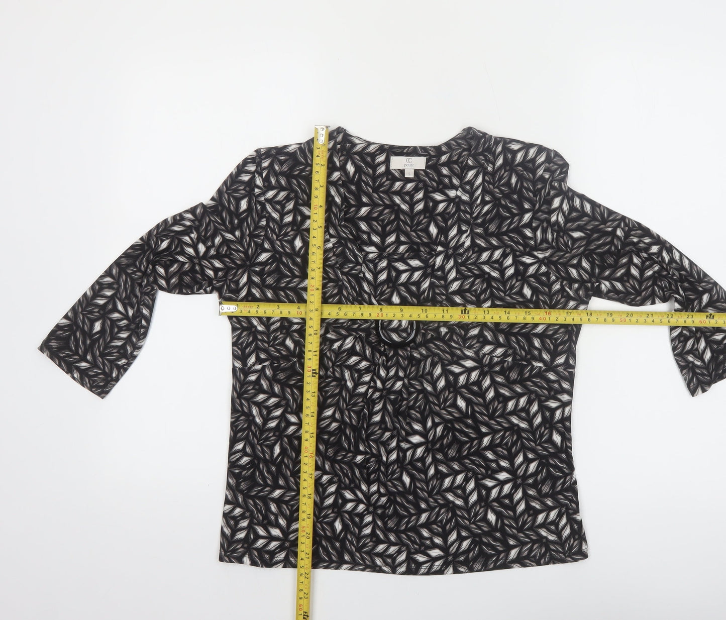 CC Petite Women's Black Geometric Tunic Blouse Size 8 with Buckle Detail