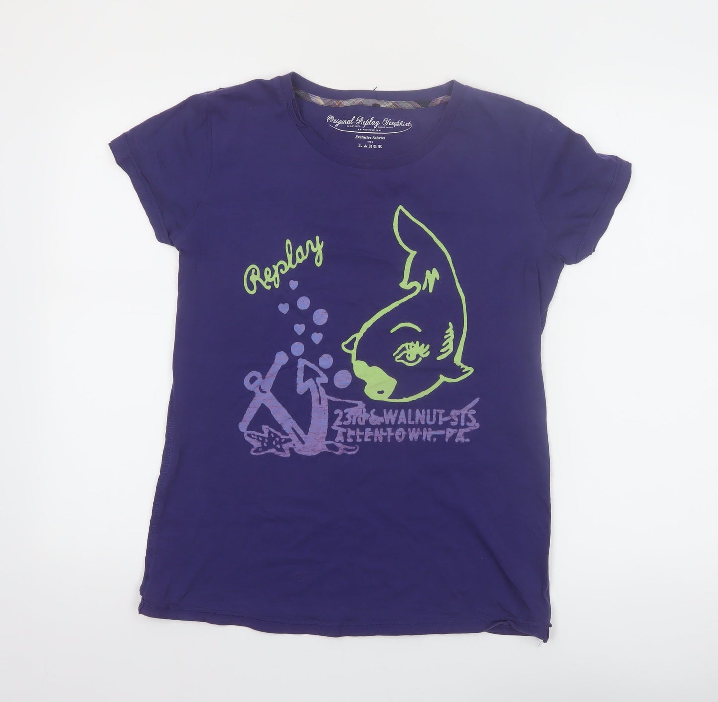 Replay Womens Purple Graphic T-Shirt Large Short Sleeve Cotton