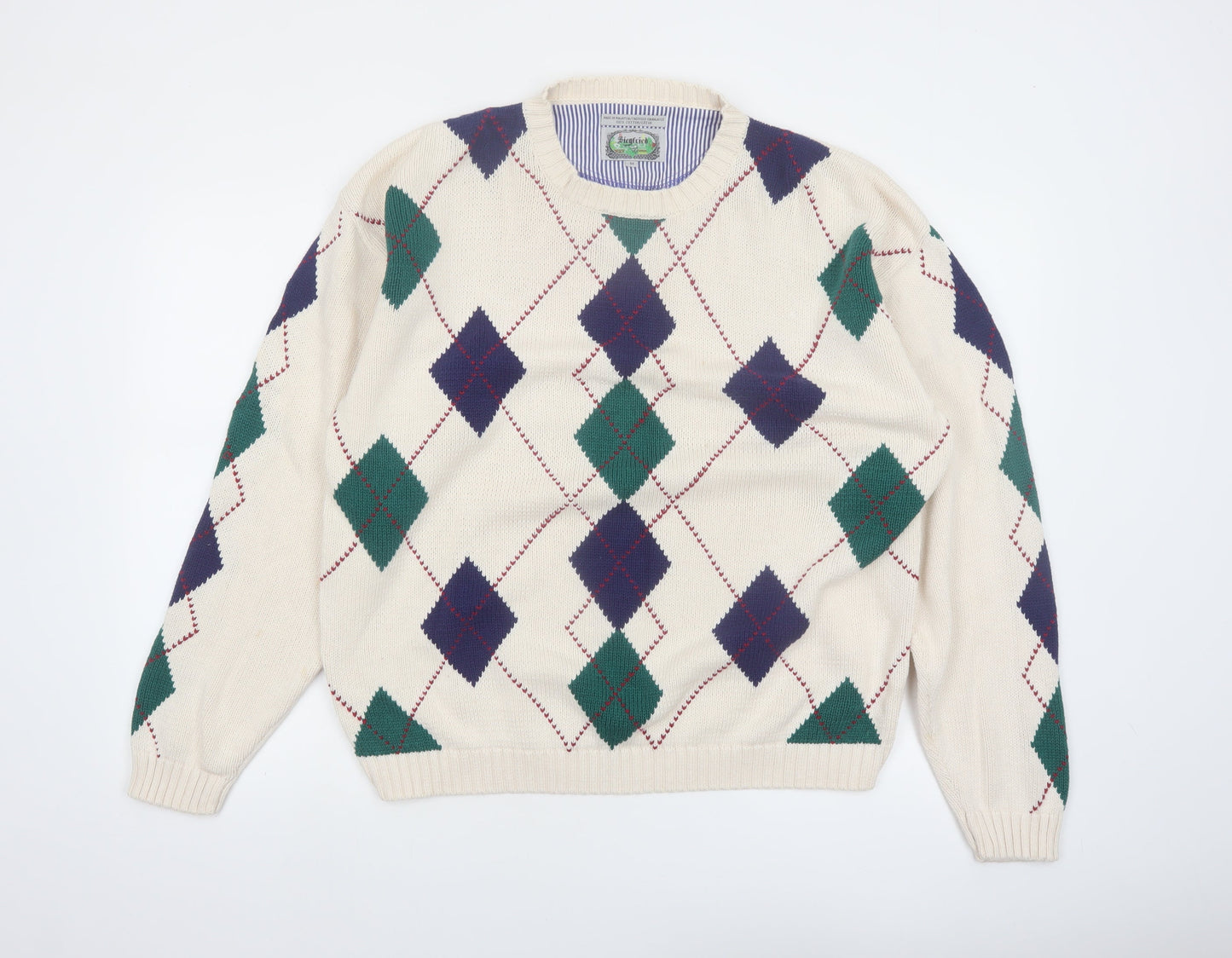 Siegfried Men Beige Argyle Cotton Pullover Jumper M Classic Retro Knit