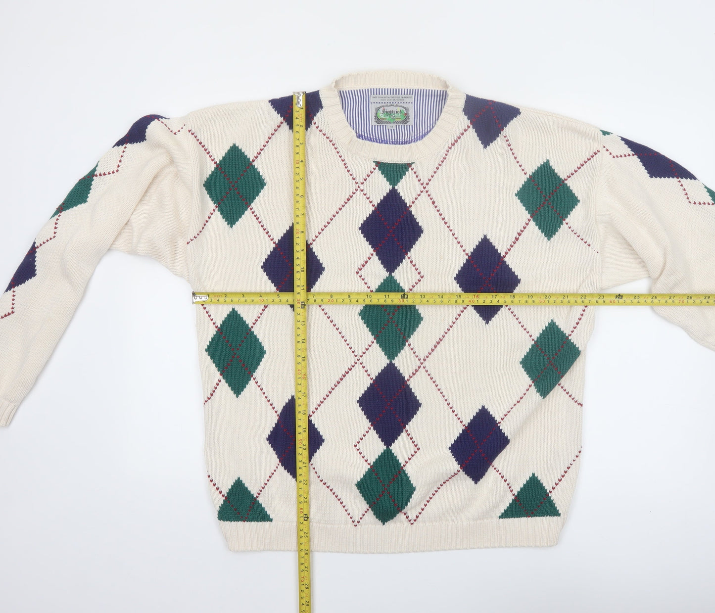 Siegfried Men Beige Argyle Cotton Pullover Jumper M Classic Retro Knit