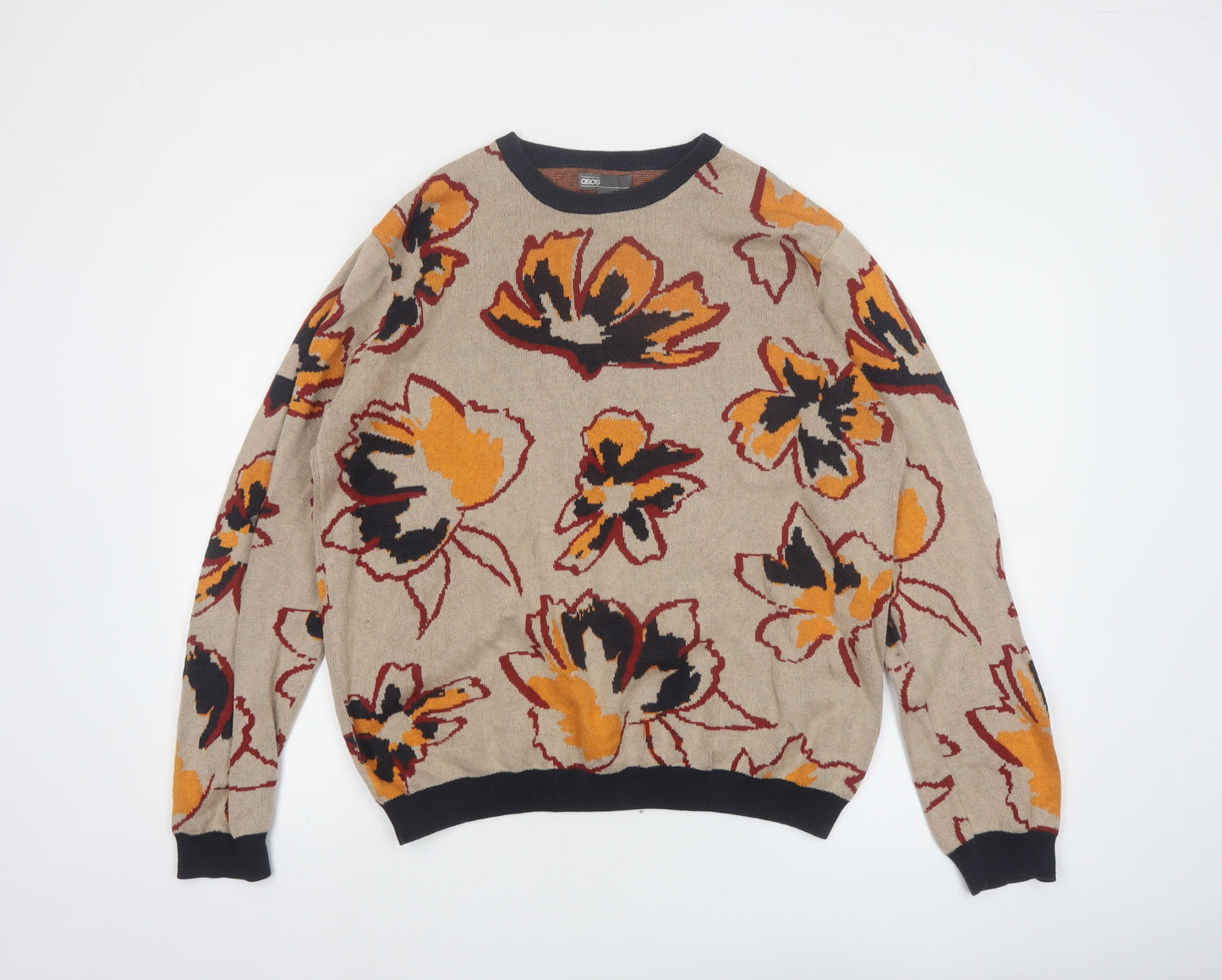 ASOS Women’s Beige Floral Cotton Jumper Size L Crew Neck Knit