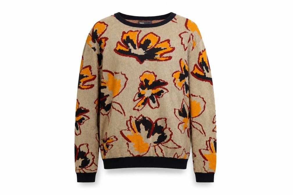 Front view of ASOS Women’s Beige Floral Cotton Jumper, size L, Crew Neck Knit