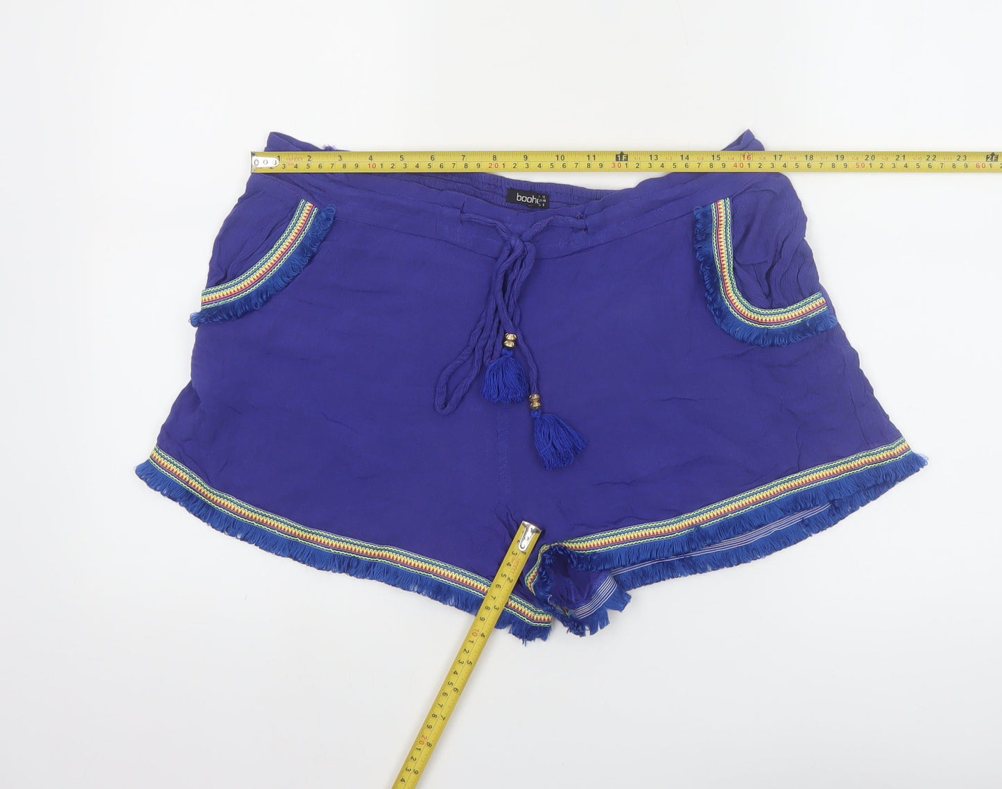 Boohoo Women's Blue Fringe Tassel Boho Drawstring Viscose Shorts UK 12