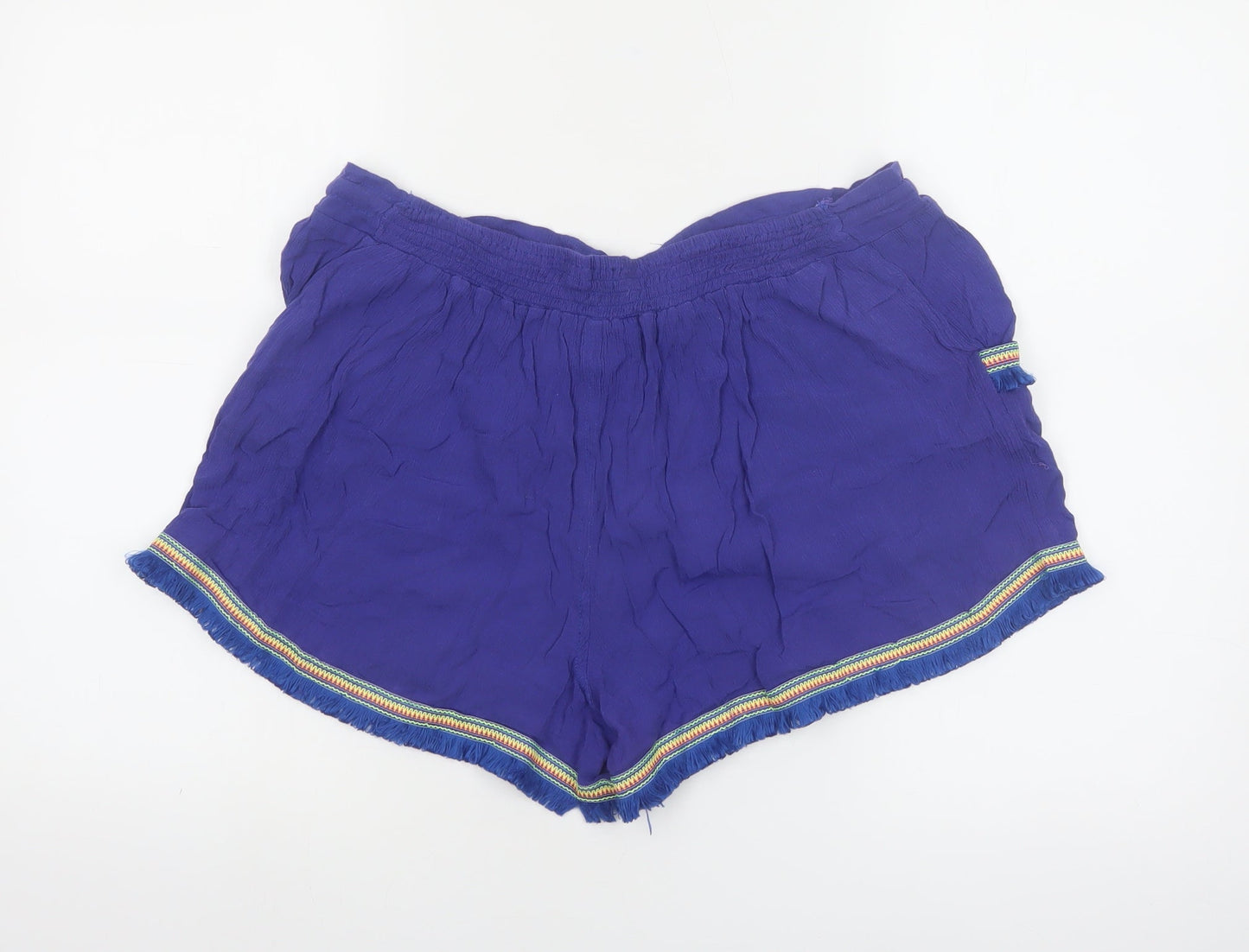 Boohoo Women's Blue Fringe Tassel Boho Drawstring Viscose Shorts UK 12