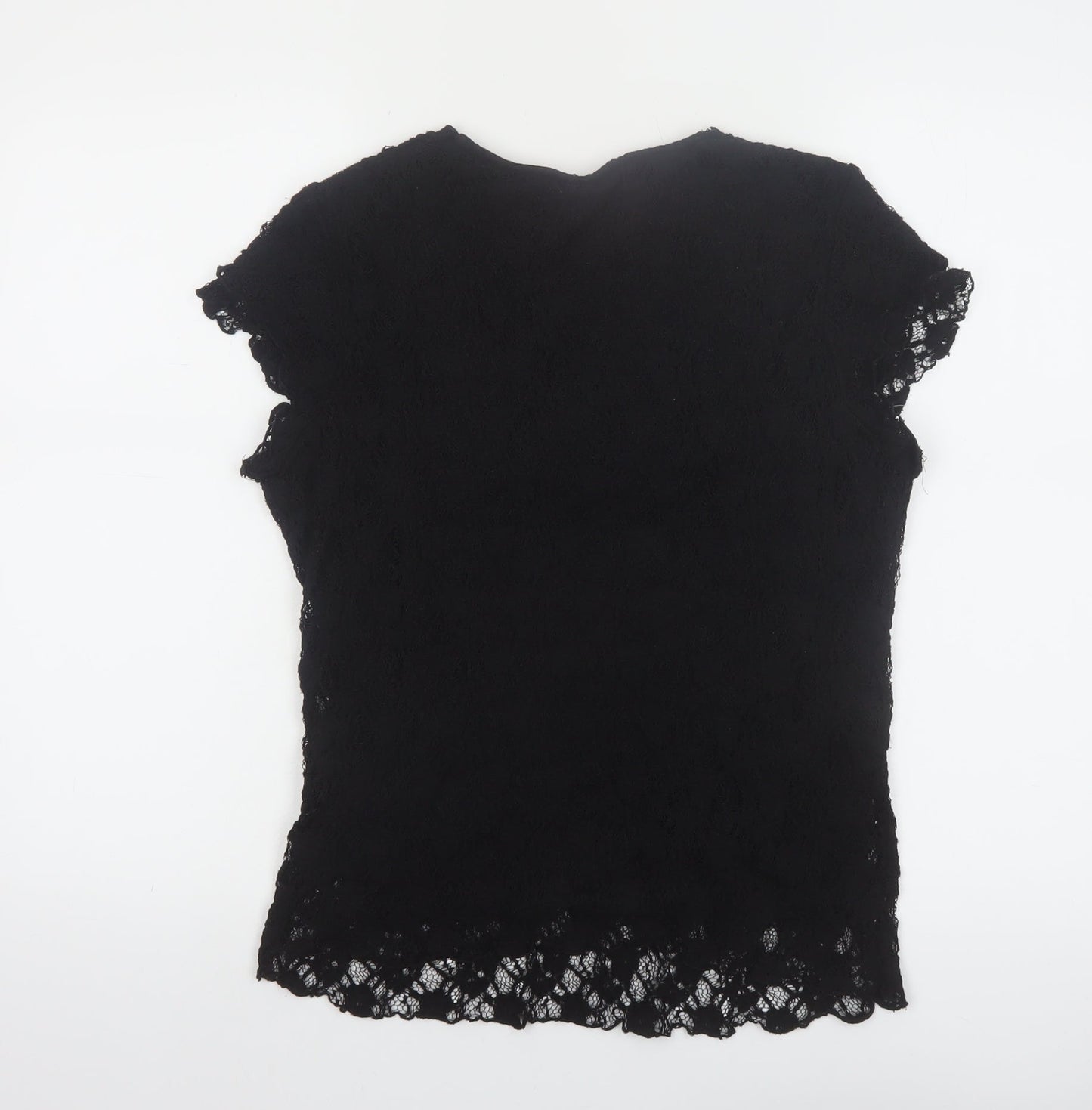 Roman Originals Women Black Lace V-Neck Short Sleeve Blouse M