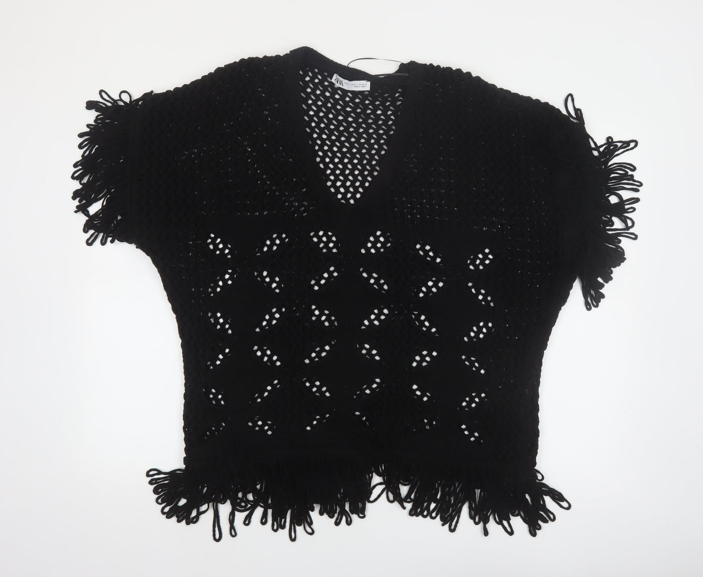 Zara Women Black Open-Knit Fringe Pullover Jumper Size 12