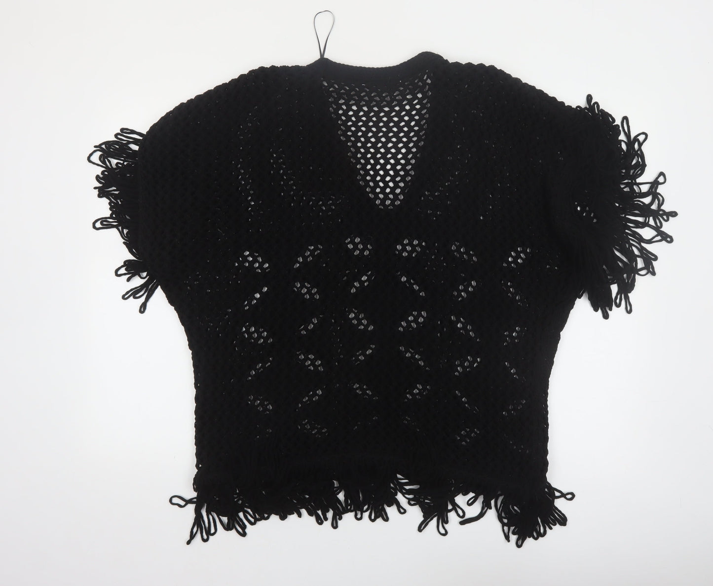 Zara Women Black Open-Knit Fringe Pullover Jumper Size 12