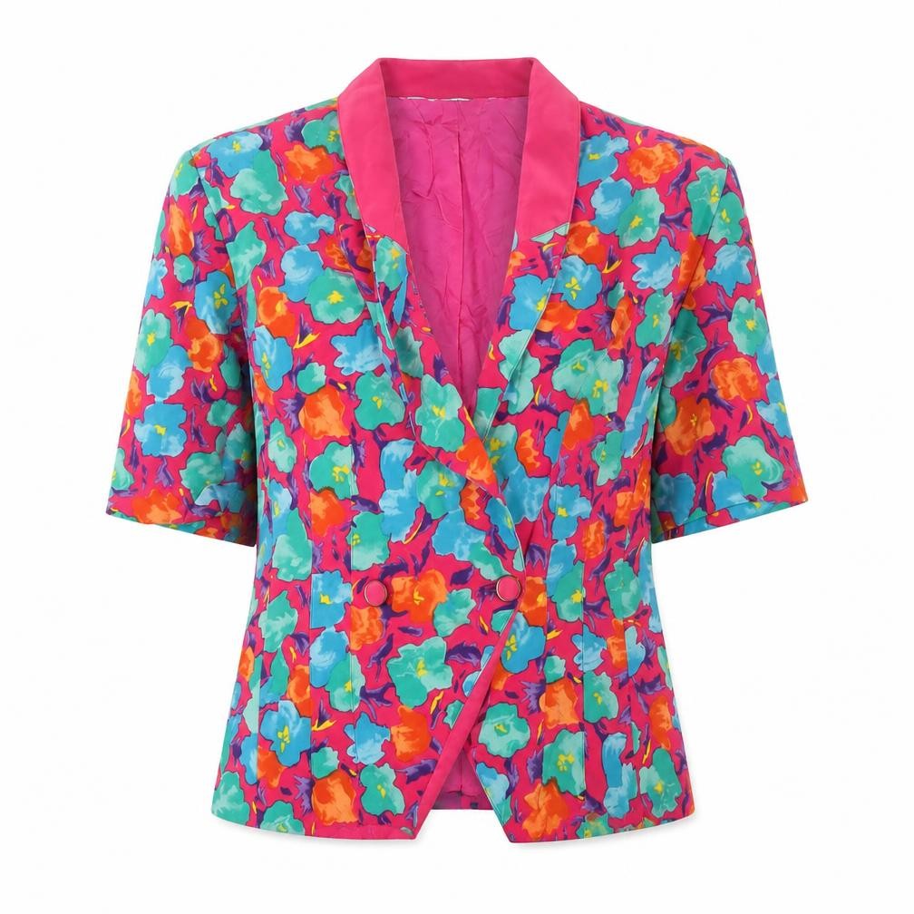 Whimsy Women Pink Floral Short Sleeve Double-Breasted Blazer UK 12