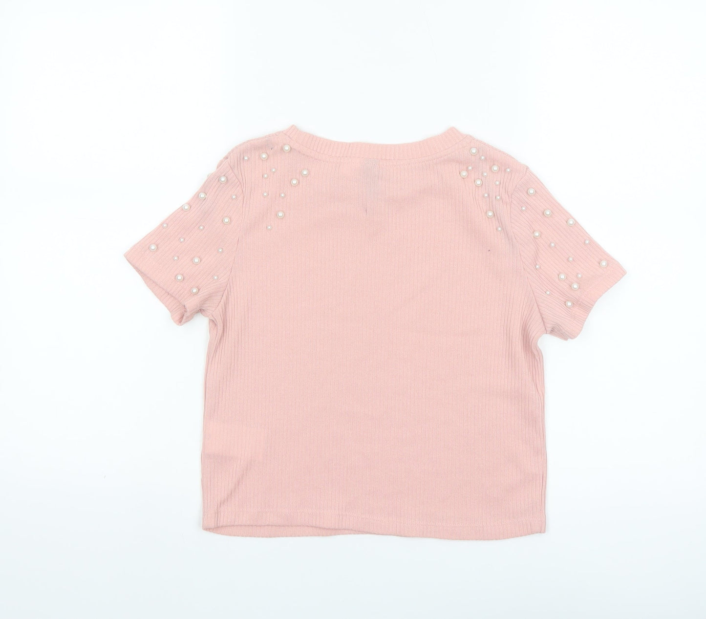 H&M Divided Women Pink Pearl Beaded Short Sleeve Knit T-Shirt XS