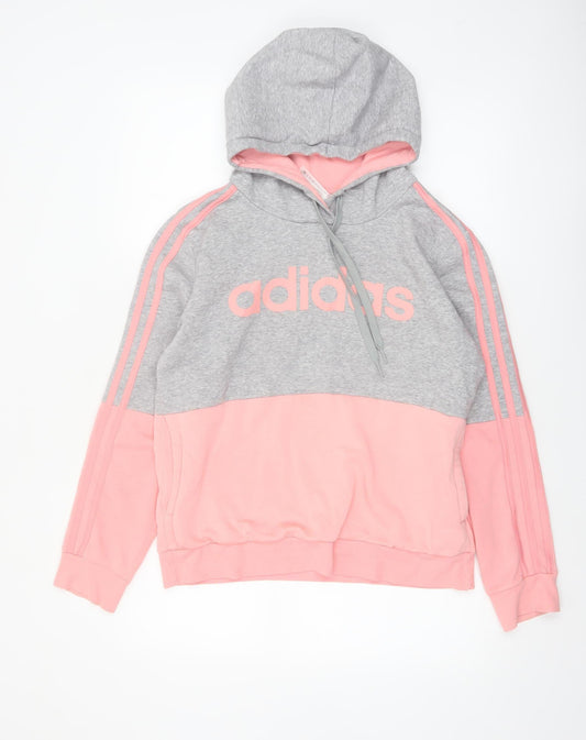 Adidas Womens Grey Pink Pullover Hoodie Size 12-14 Cotton Blend