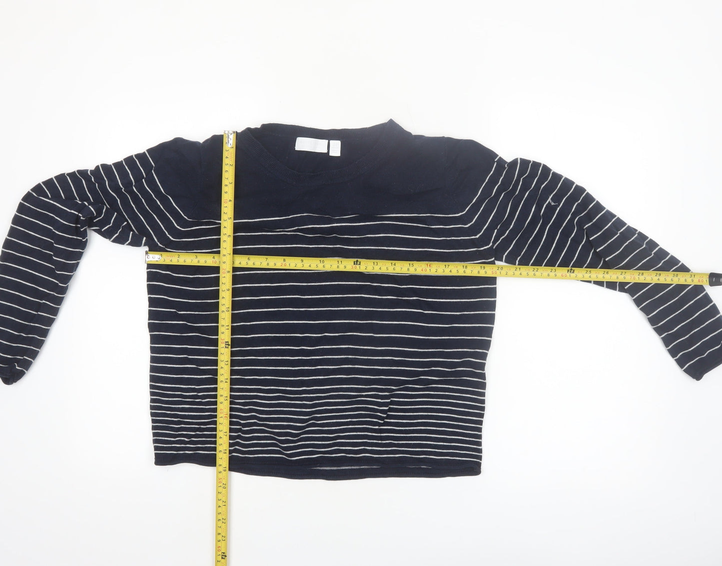The White Company Women's Blue Striped Crew Neck Jumper Size 16