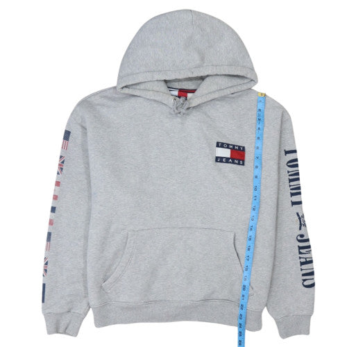 Tommy Jeans Women Grey Hooded Pullover Sweatshirt Size L Casual Logo Print
