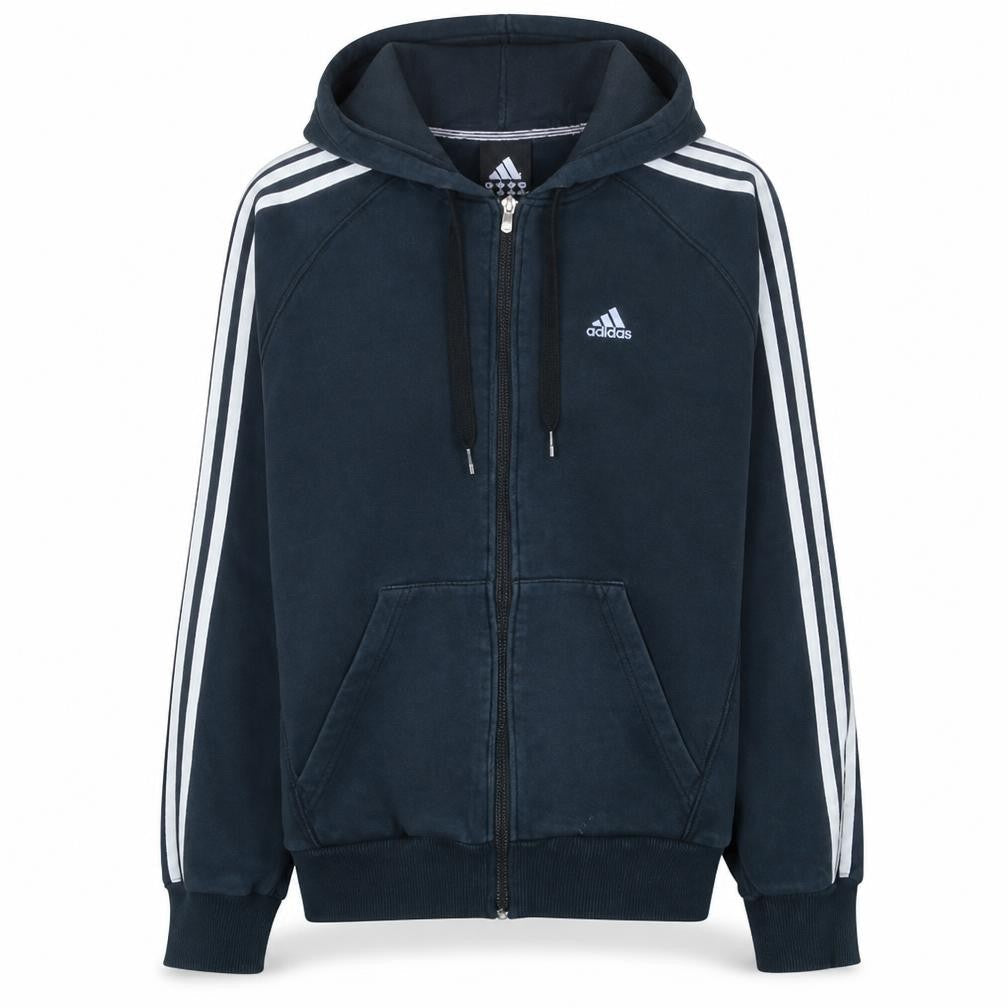 Front view of Adidas Men's Blue Full Zip Hoodie, size S, Sports Fleece Essentials