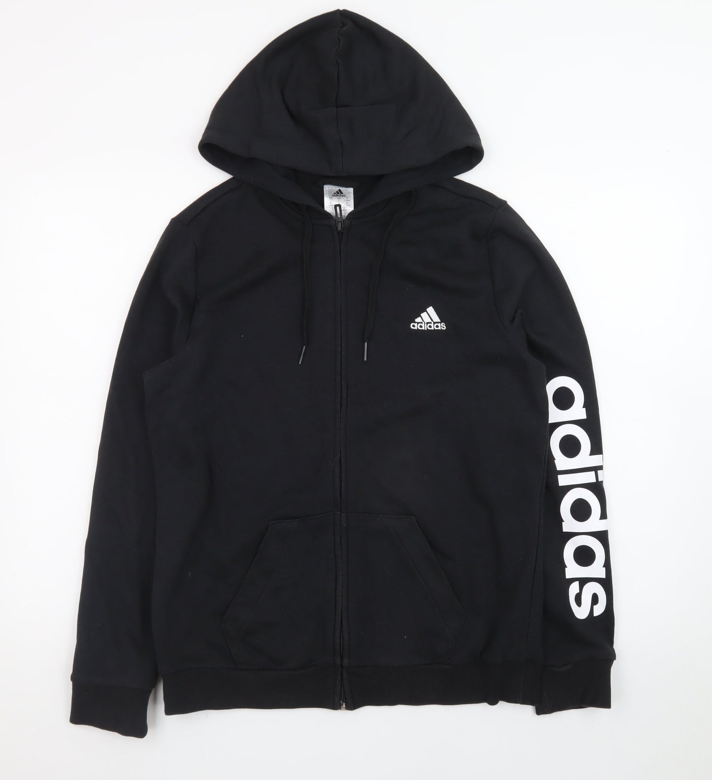 Adidas Womens Black Full Zip Hoodie Size L 16-18 Logo Sleeve Sweatshirt