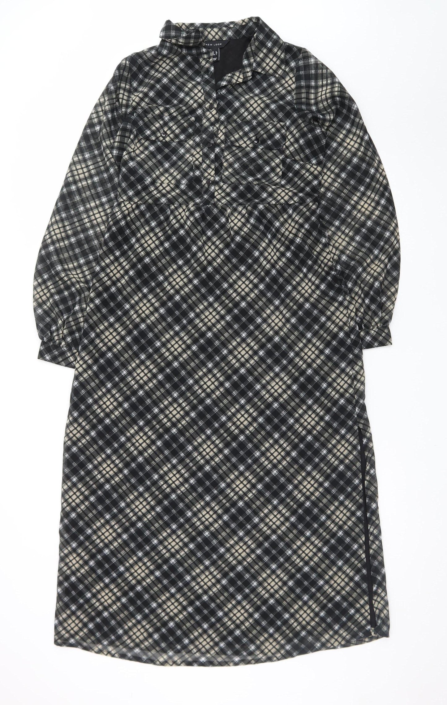 New Look Womens Black Check Collared Midi Shirt Dress Size 8