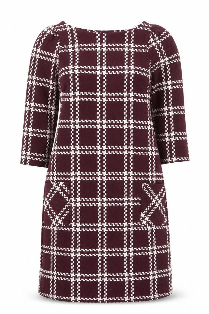 New Look Women Burgundy Check Shift Dress Size 6 3/4 Sleeve