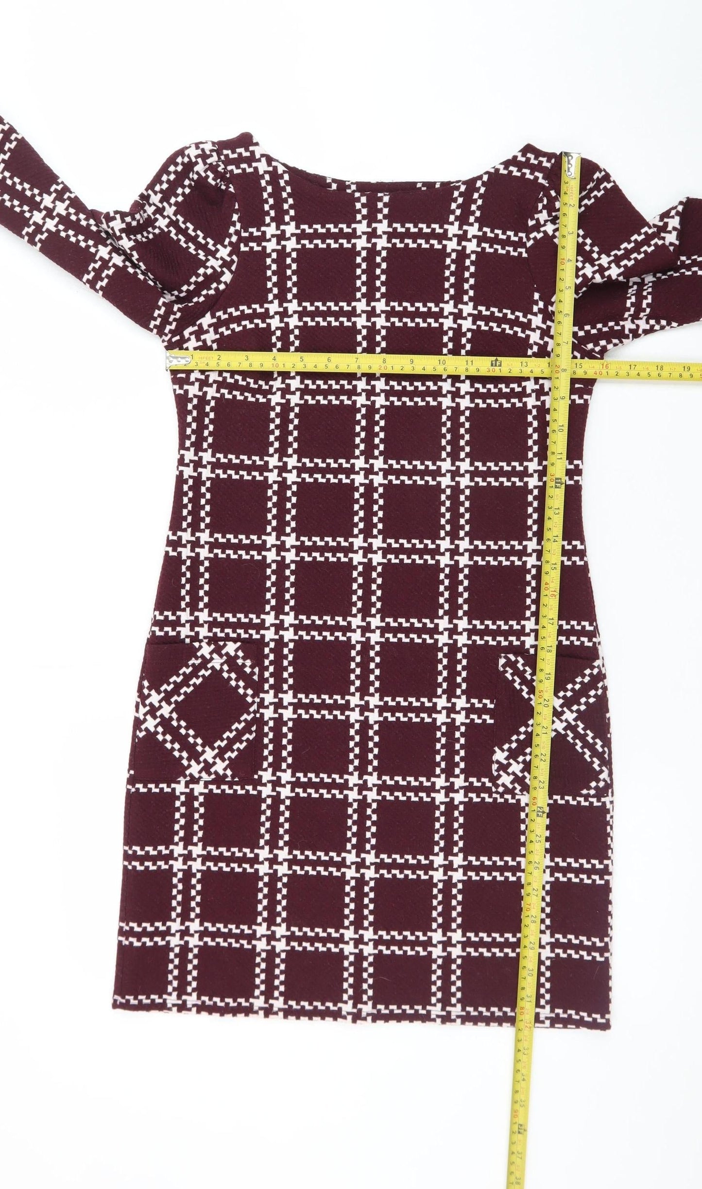 New Look Women Burgundy Check Shift Dress Size 6 3/4 Sleeve