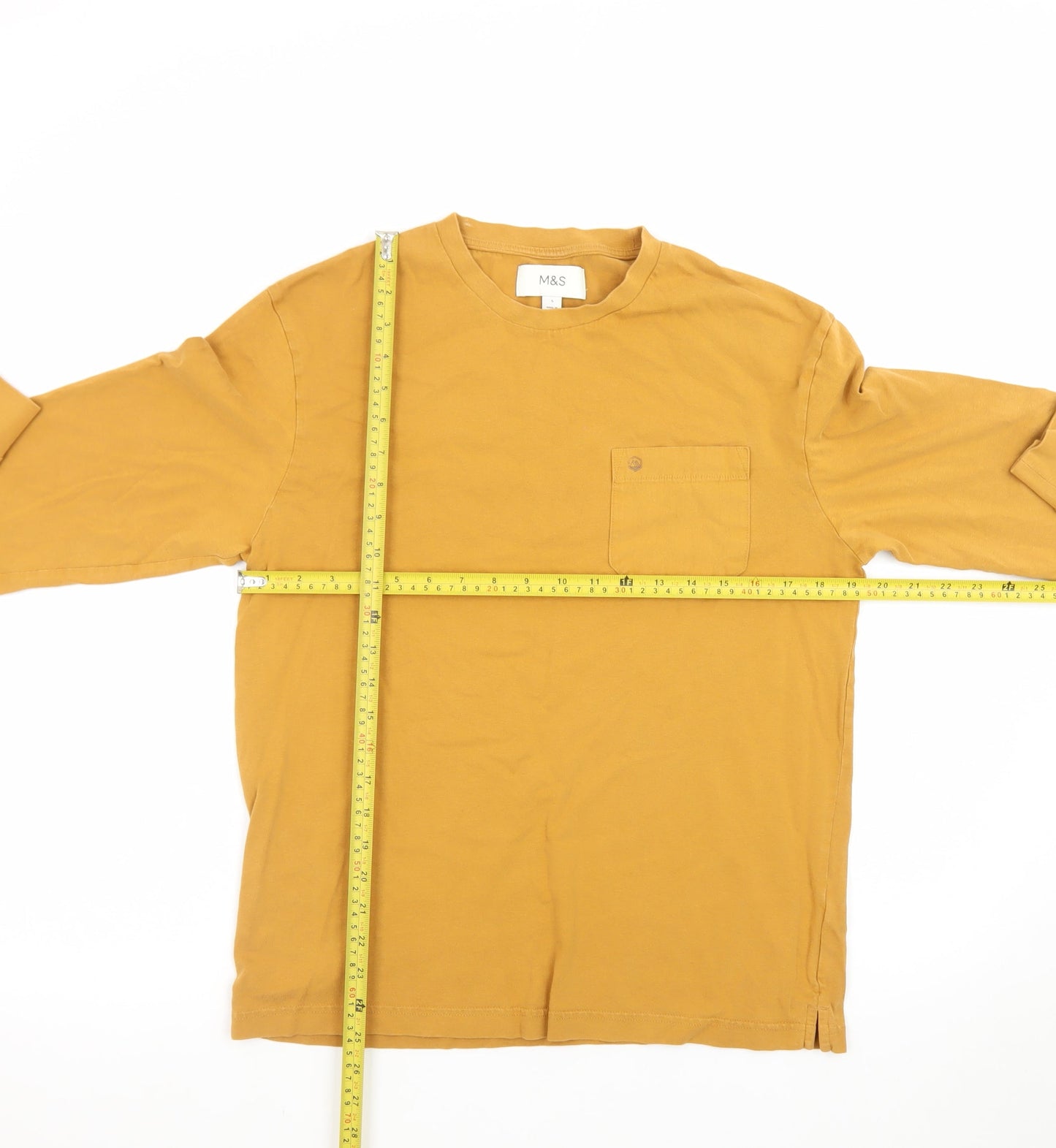 Marks and Spencer Men's Yellow Long Sleeve Cotton T-Shirt Size S