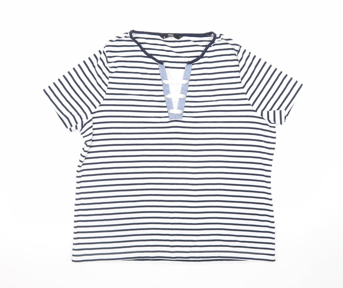 BM Casual Women's Blue Striped Short Sleeve V-Neck T-Shirt L