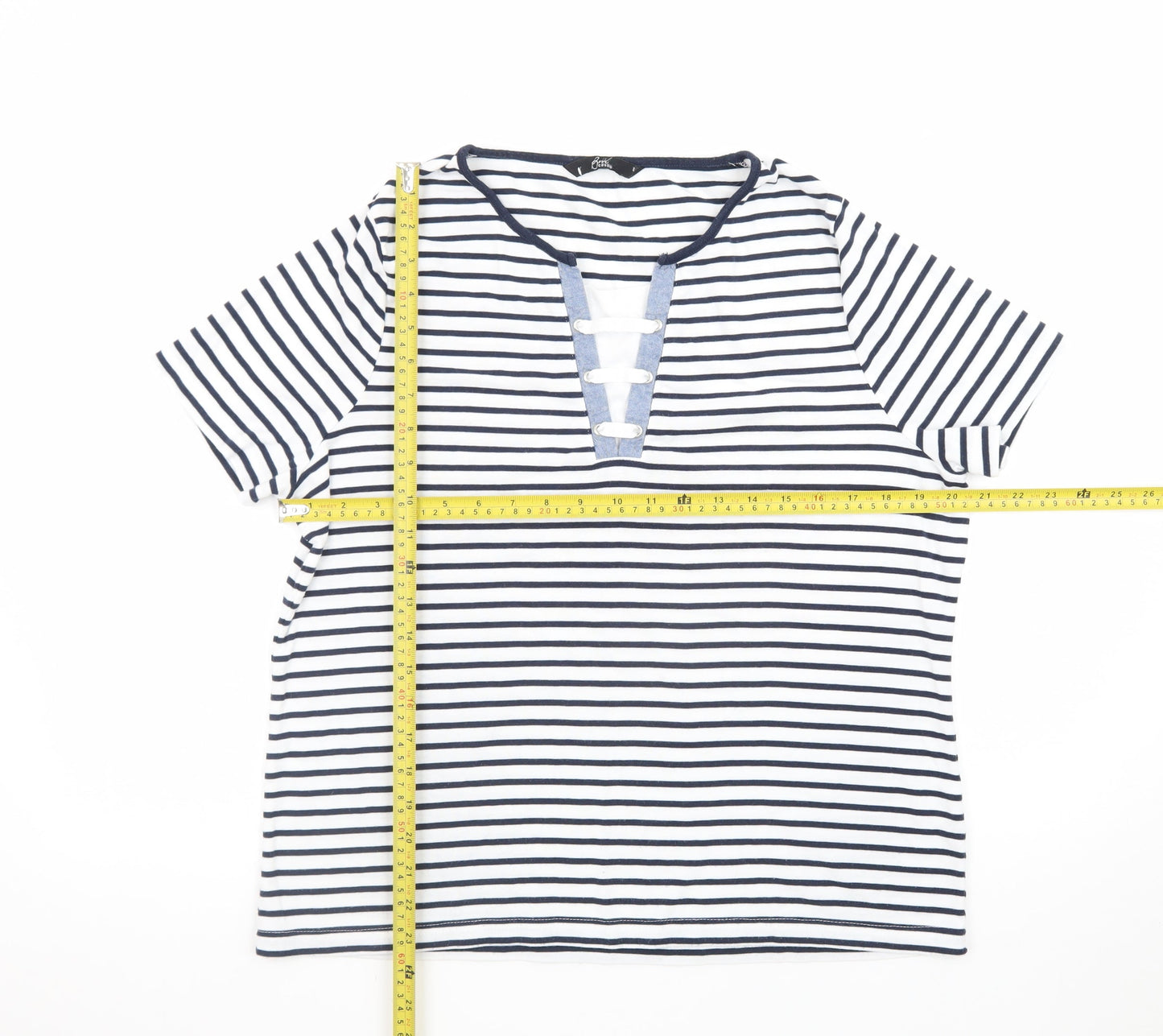 BM Casual Women's Blue Striped Short Sleeve V-Neck T-Shirt L