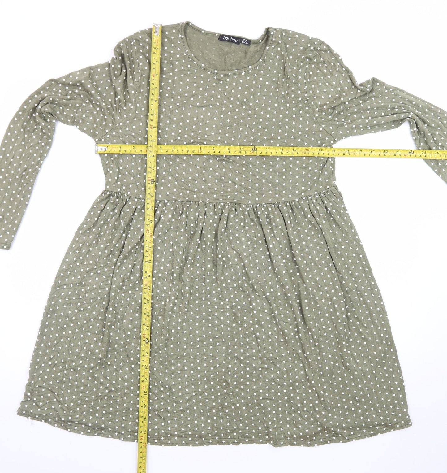 Boohoo Women's Green Polka Dot Long Sleeve Smocked Dress Size 10