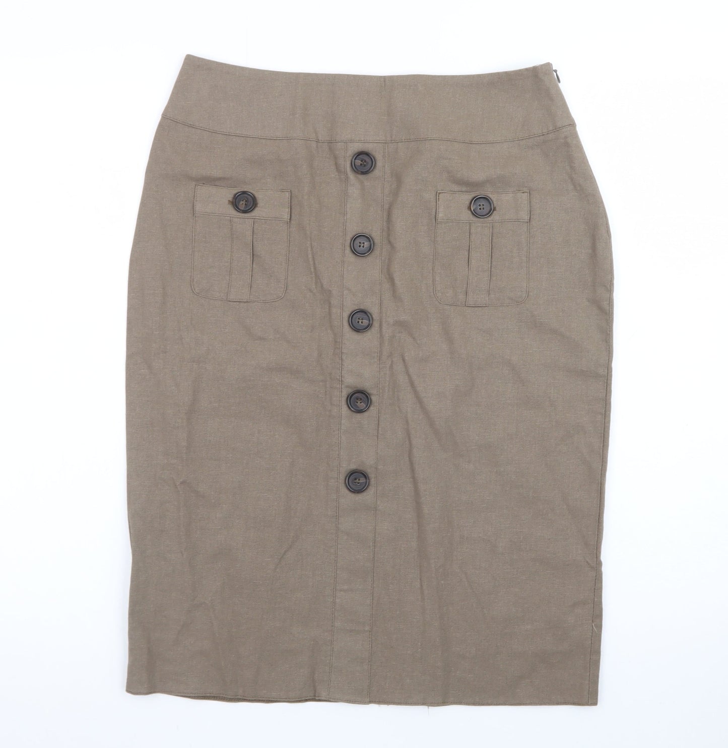 Rosetti Women Brown Linen Blend Button Front Pencil Skirt Size 10