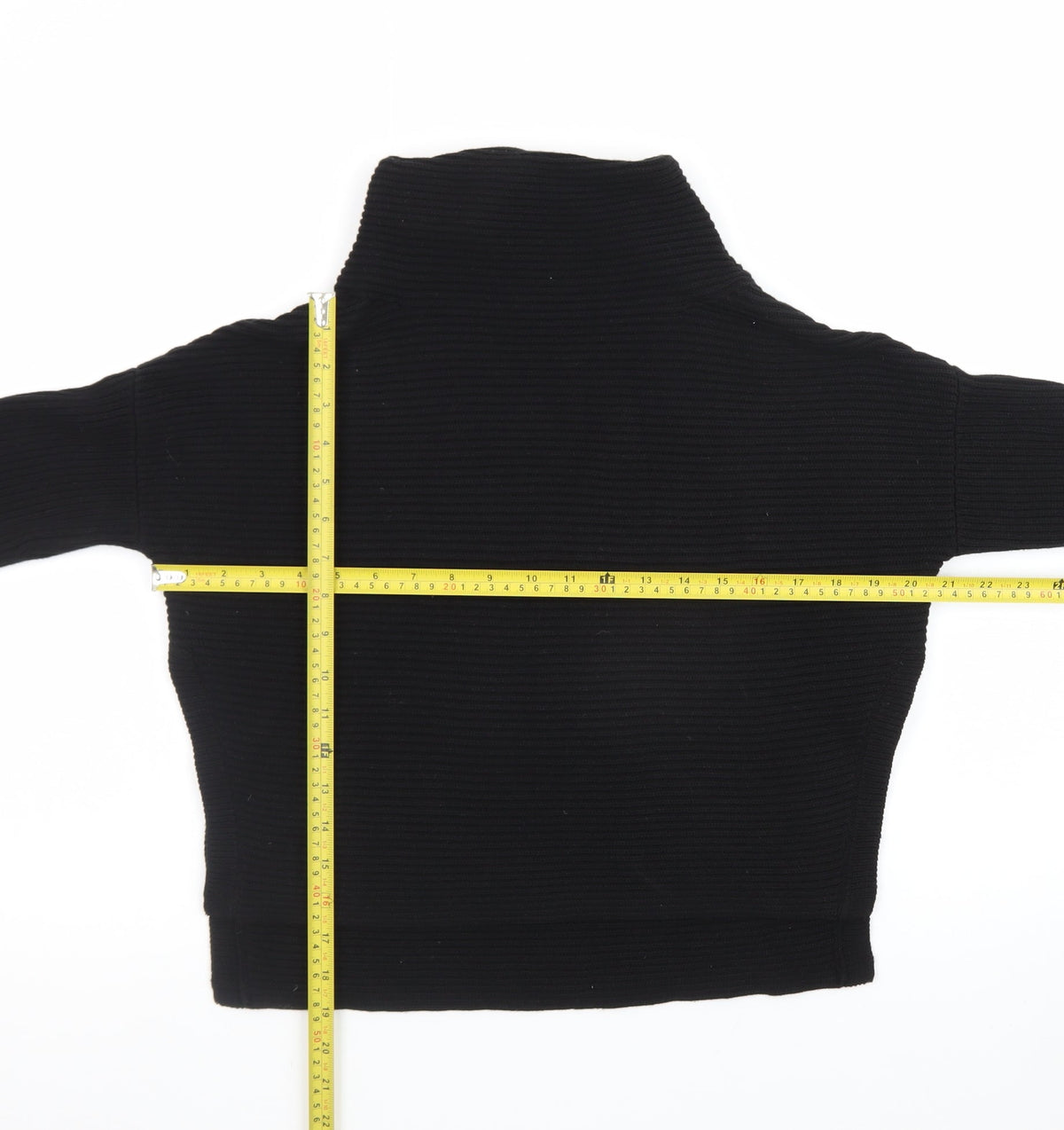 Close-up detail of AllSaints Men's Black XS Roll Neck Ribbed Knit jumper