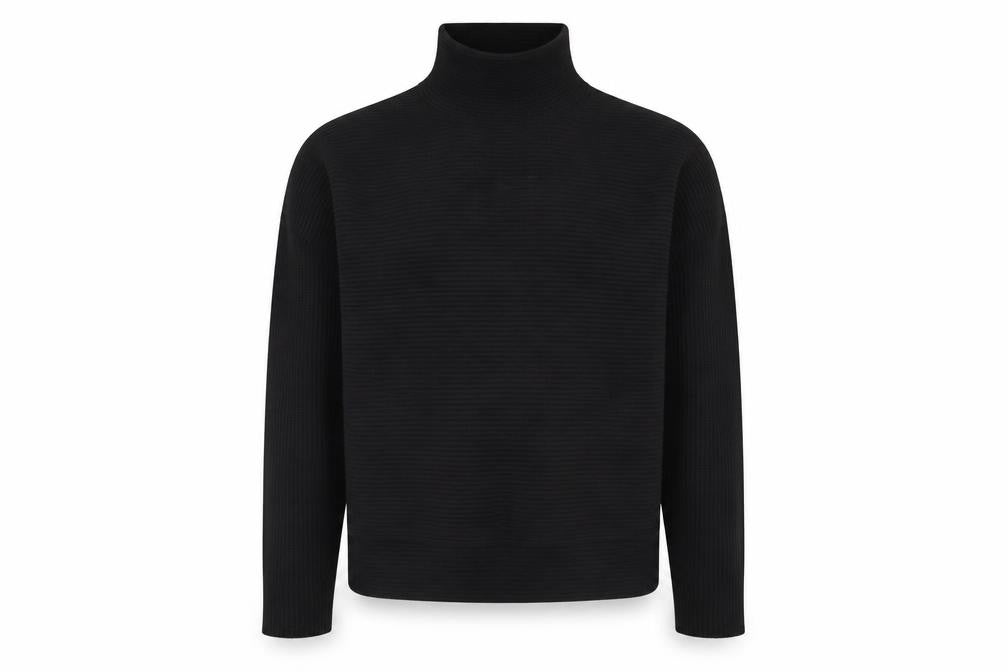 Front view of AllSaints Men's Black XS Roll Neck Ribbed Knit jumper