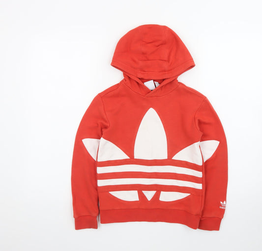 adidas Boys Red Pullover Hoodie 8-9 Years Graphic Logo Cotton Blend